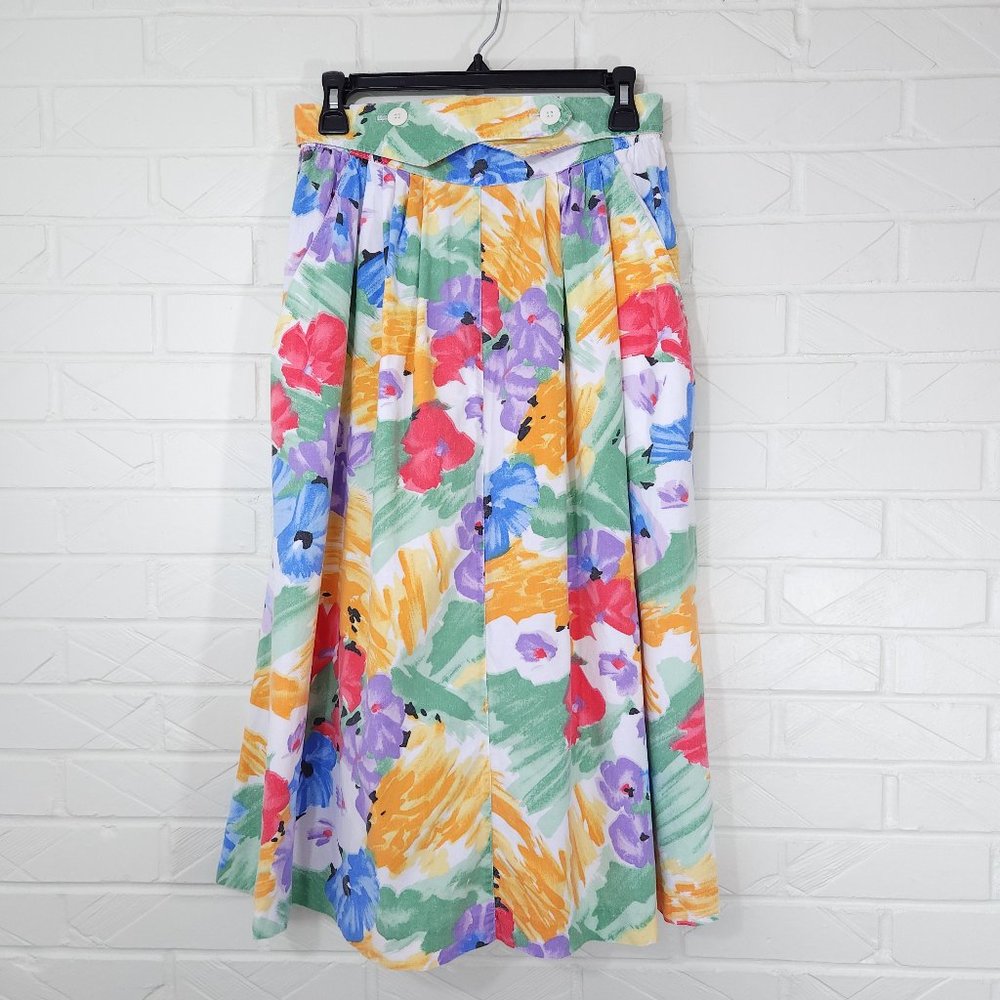 VTG 90's Summit Sportswear Colorful Floral Midi Skirt Button Waist Elastic 10